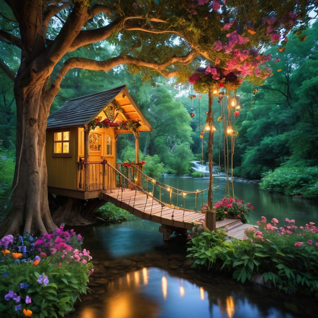 A vibrant scene depicting a lush, enchanted forest with a whimsical treehouse, where a diverse group of couples are joyfully engaged in playful interactions. Ethereal lights float above, creating a magical atmosphere, as colorful flowers bloom around a sparkling stream. Inclusion of elements suggesting freedom and adventure, like swings hanging from trees and butterflies fluttering about. super-realistic. vibrant colors. enchanted style.