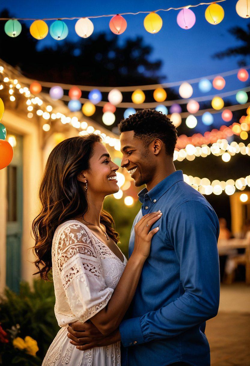 A lively outdoor scene featuring a diverse couple sharing an intimate moment, surrounded by colorful, vibrant decorations representing the swinging community. In the background, other couples enjoy laughter and connection under string lights, with a warm sunset casting a soft glow. The atmosphere is filled with love, joy, and open-mindedness. Super-realistic. Vibrant colors. 3D.