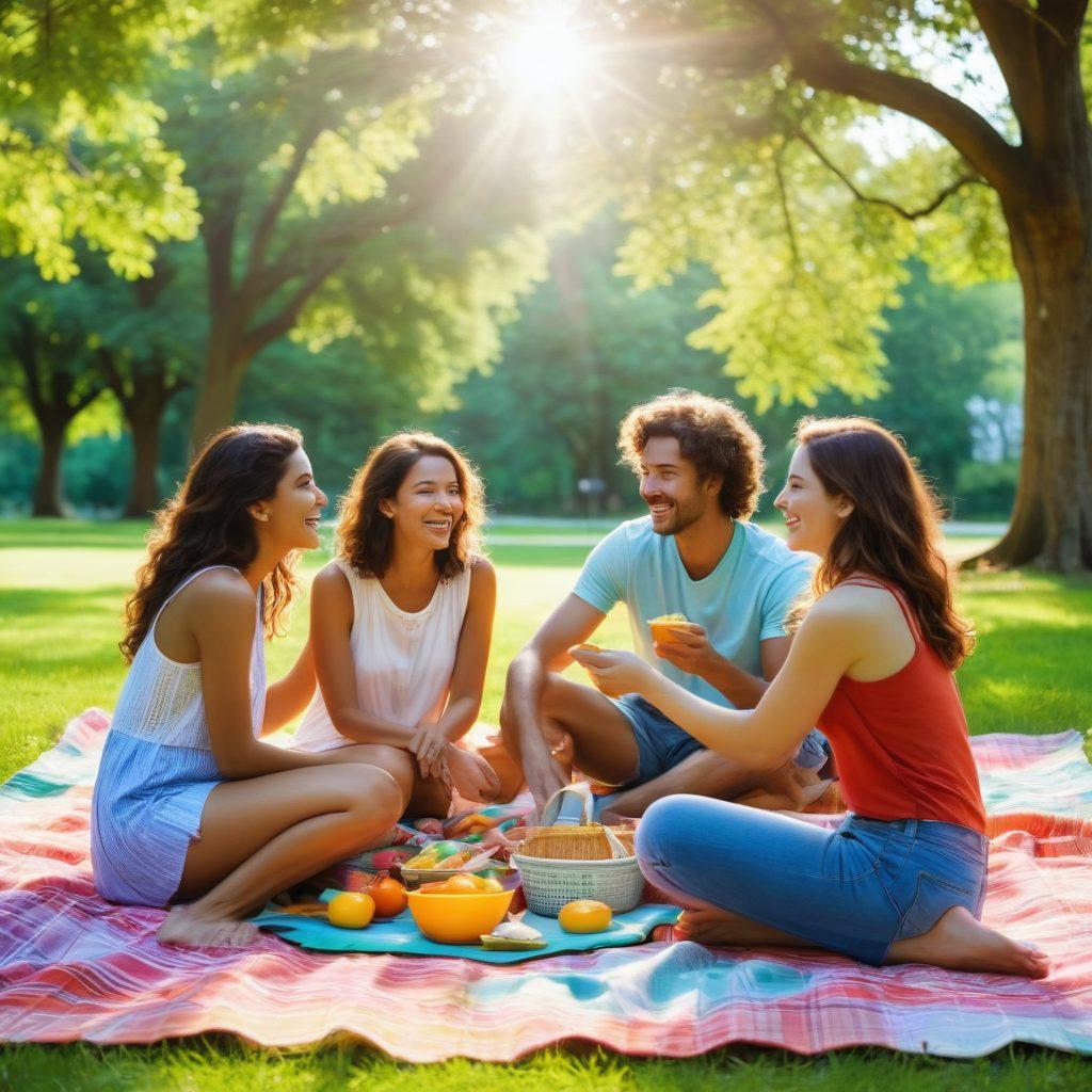 A captivating scene of two happy couples enjoying a vibrant outdoor picnic, lush green park in the background, surrounded by playful elements like a frisbee and a colorful picnic blanket. Expressions of joy and connection on their faces symbolize the thrill of open relationships. Warm sunlight filters through the trees, creating a soft glow. The image evokes a sense of freedom, adventure, and intimacy. super-realistic. vibrant colors. natural background.